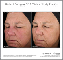 Load image into Gallery viewer, Before and after images of the face of a female, age 60, who used the SkinMedica Retinol Complex 0.25 for 12 weeks. Her skin appears much healthier and less red after use.
